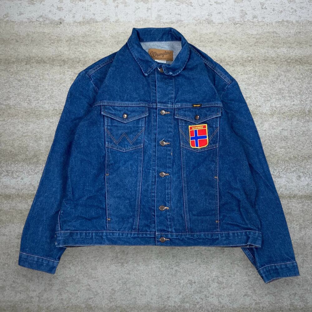 Vintage 90s Wrangler Jean Jacket Mens 2XL Dark Wash Denim Norway Patch Cotton